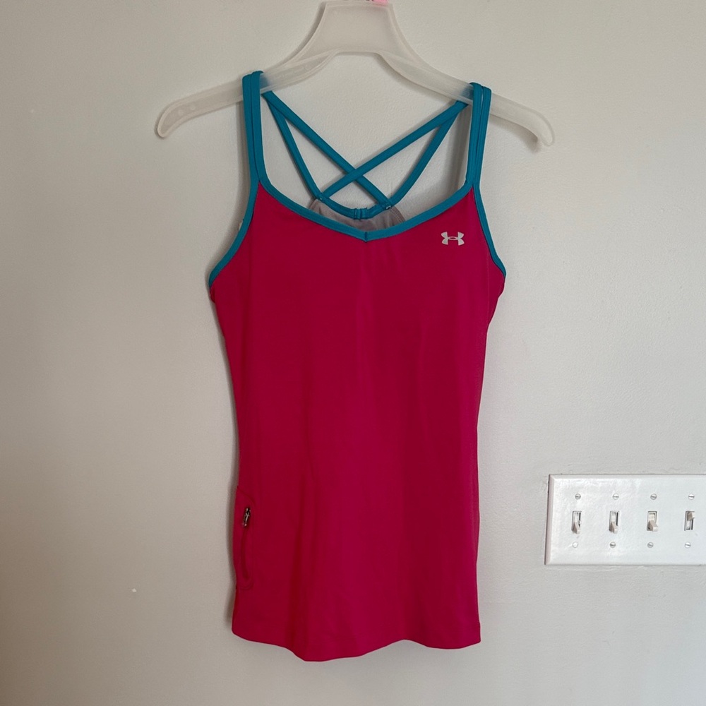 Under Armour Women's Pink and Blue Heat Gear Top with Built in Bra - Medium